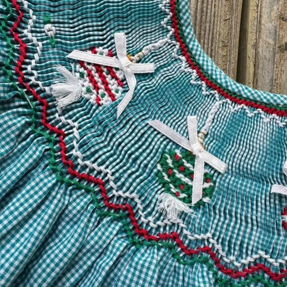Rosalina Girls Smocked Bishop Dress Teal Gingham Christmas Ornaments Size 4T - Picture 3 of 8